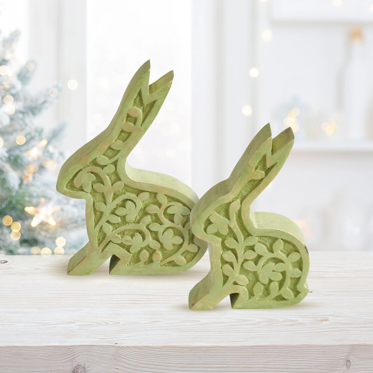 VHC Brands Bunny Hop 2PC Bunny Hop Wooden Sitting Bunny In Green ,Small and Large