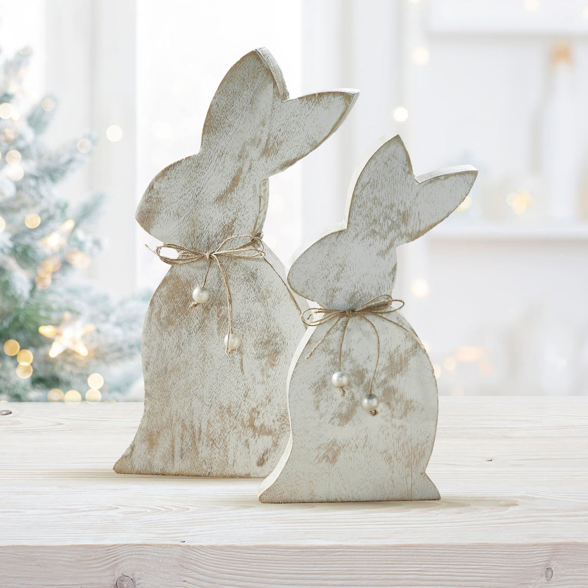 VHC Brands Spring In Bloom 2PC Spring In Bloom Wooden Upright Bunny Silhouette w/ Twine ,Small and Large