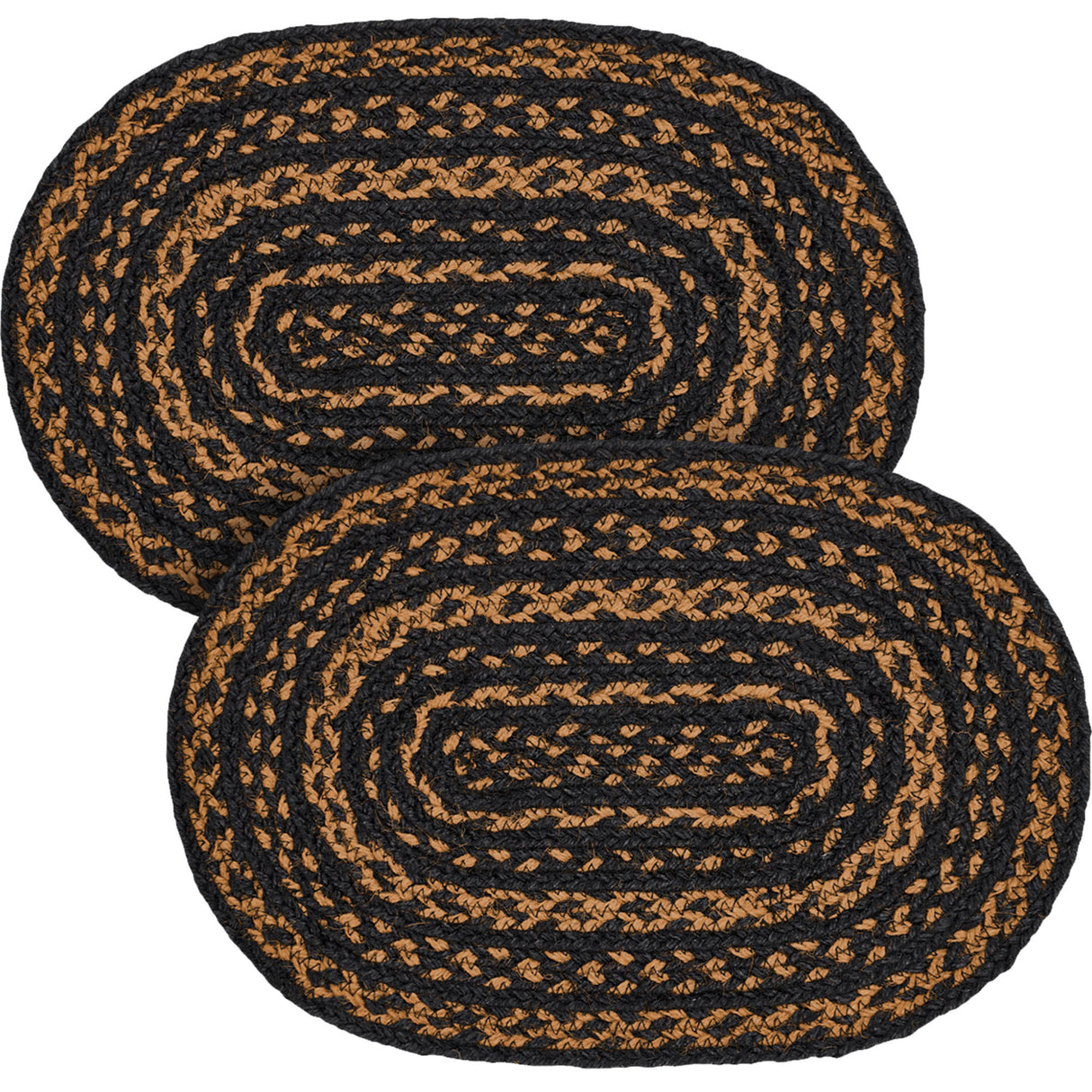 Black & Tan Dining Table Placemat, Braided Jute, Oval, Black, 10x15, 2 Pack