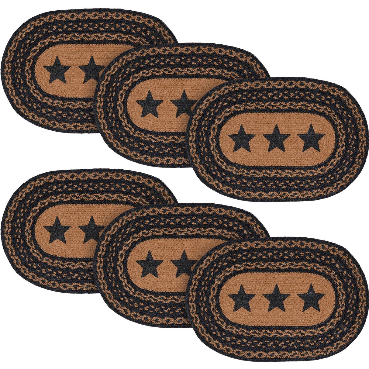 Farmhouse Star Dining Table Placemat, Braided Jute, Oval, Black Tan, 10x15, 6 Pack 6 Pack