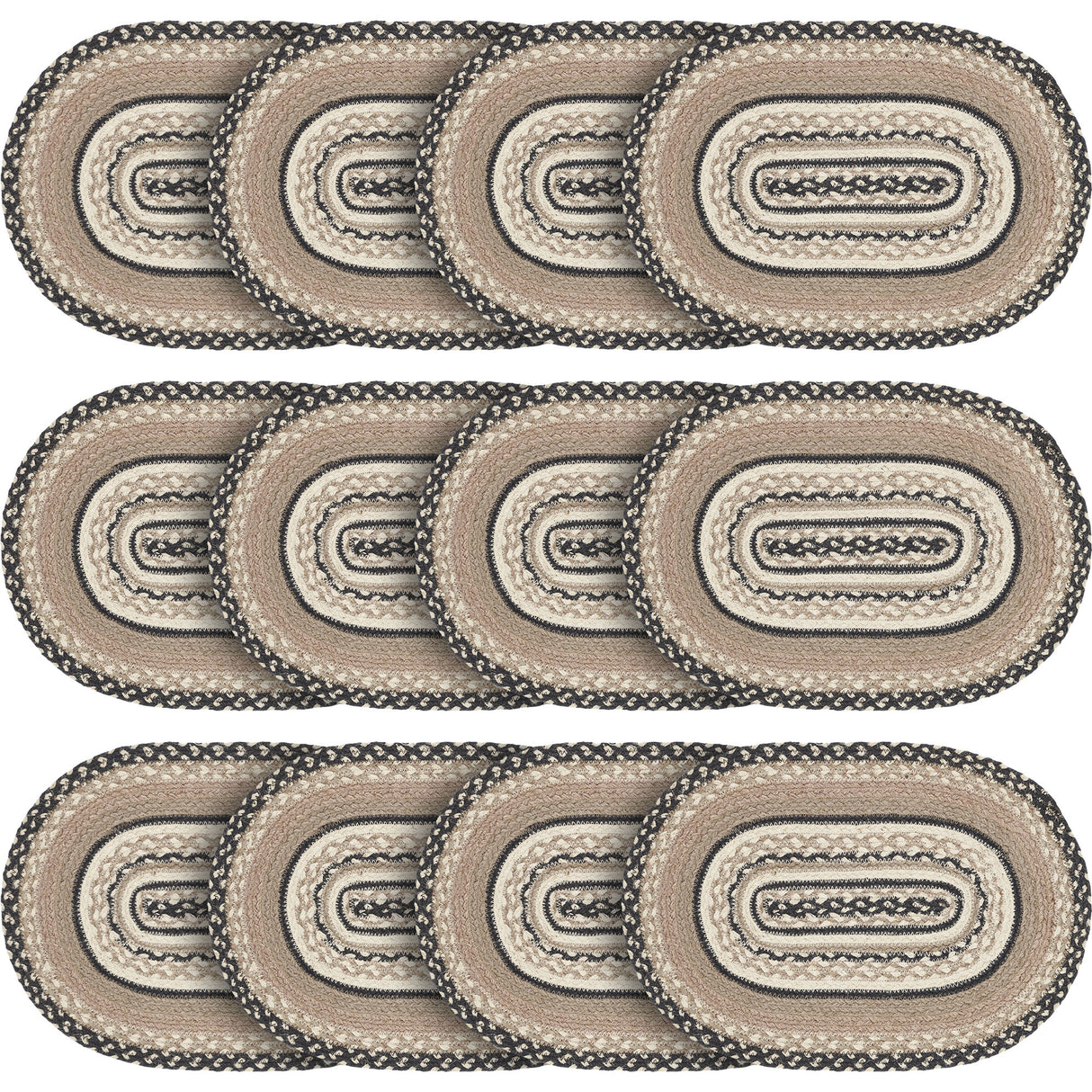 Sawyer Mill, Dining Table Placemat, Braided Jute, Oval, Charcoal Creme, 12x18, 12 Pack 12 Pack