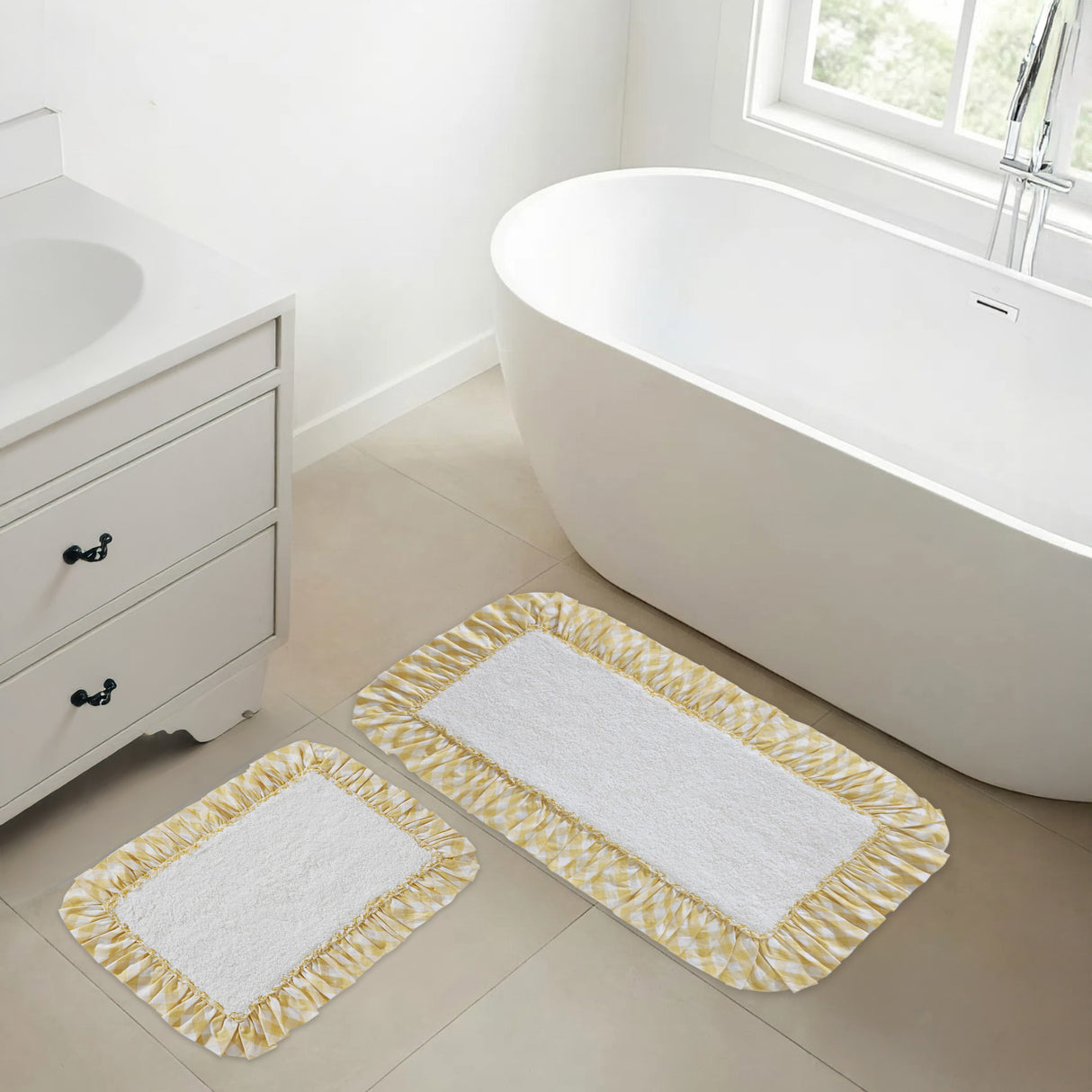 VHC Brands Annie Buffalo Check Cornsilk Yellow 2pc Bathhmat Set, 20x30 and 27x48