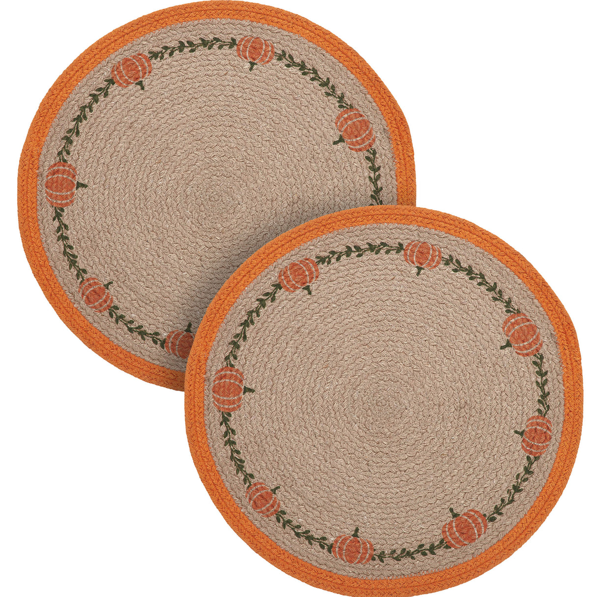 Braided Cotton Harvest Blessings Natural Stencil Pumpkin Placemat 14 inch Diameter, Decorative Fall Placemat, Table Decor for Fall and Thanksgiving, 2 Pack