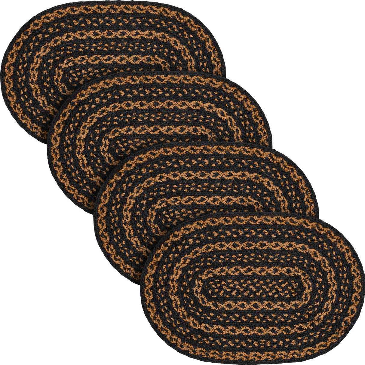 Black & Tan Dining Table Placemat, Braided Jute, Oval, Black, 12x18, 4 Pack 4 Pack