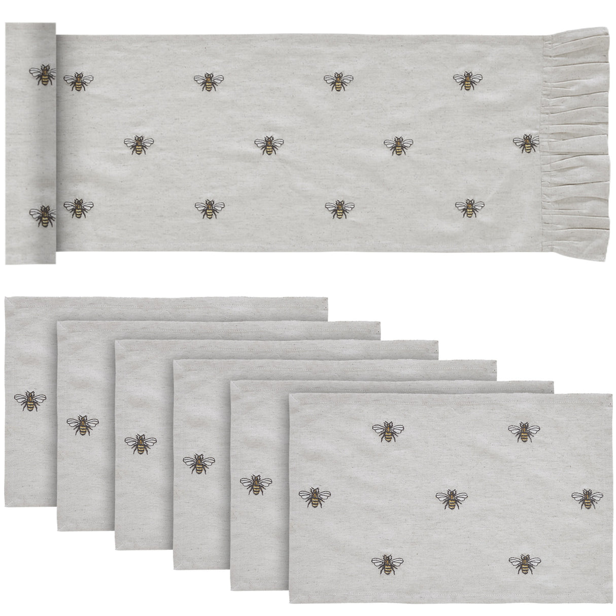 Embroidered Bee Soft Yellow 13x72 Table Runner & 6 pc 12x18 Placemat Set