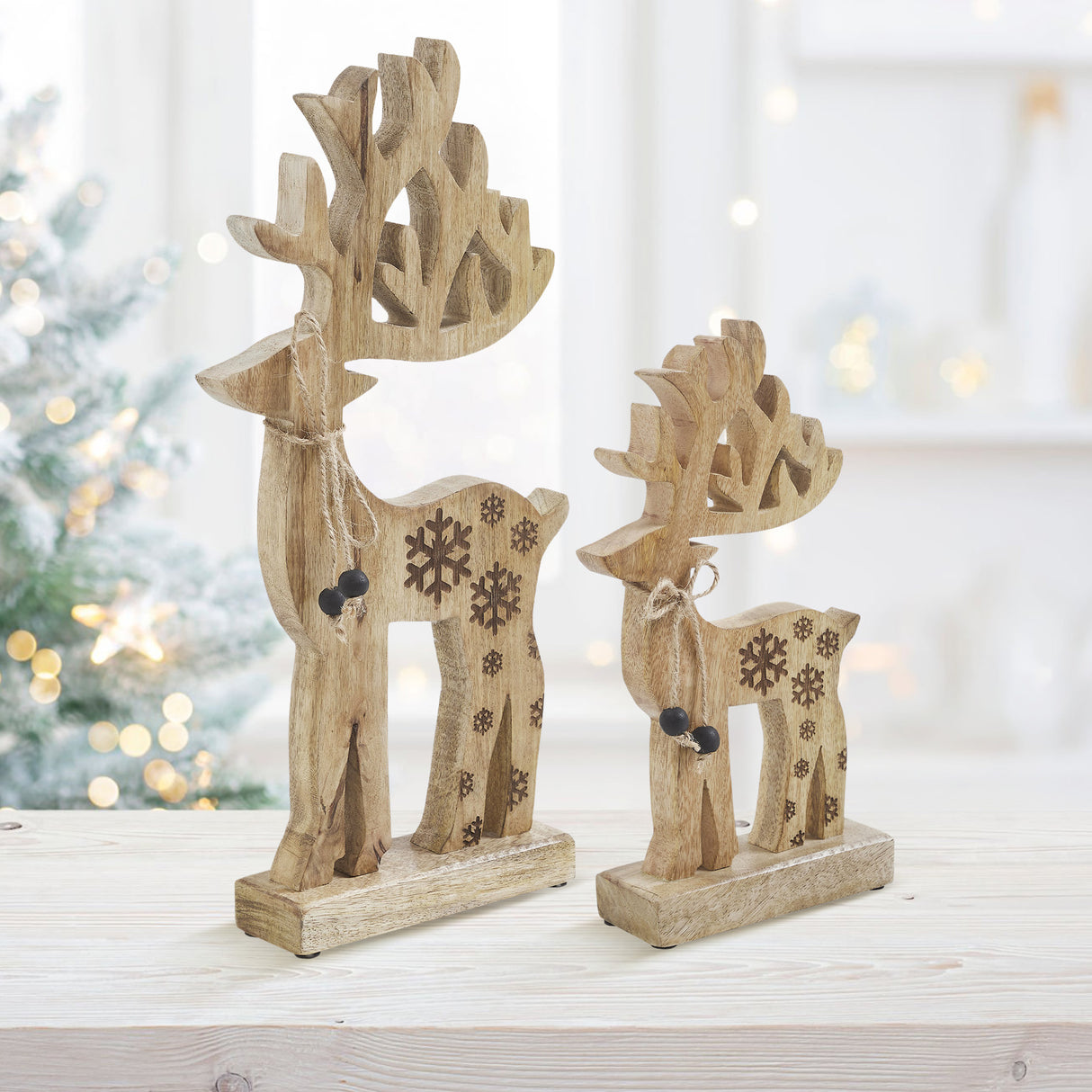 VHC Brands 2PC Natural Wooden Snowflake Reindeer ,Small and Large