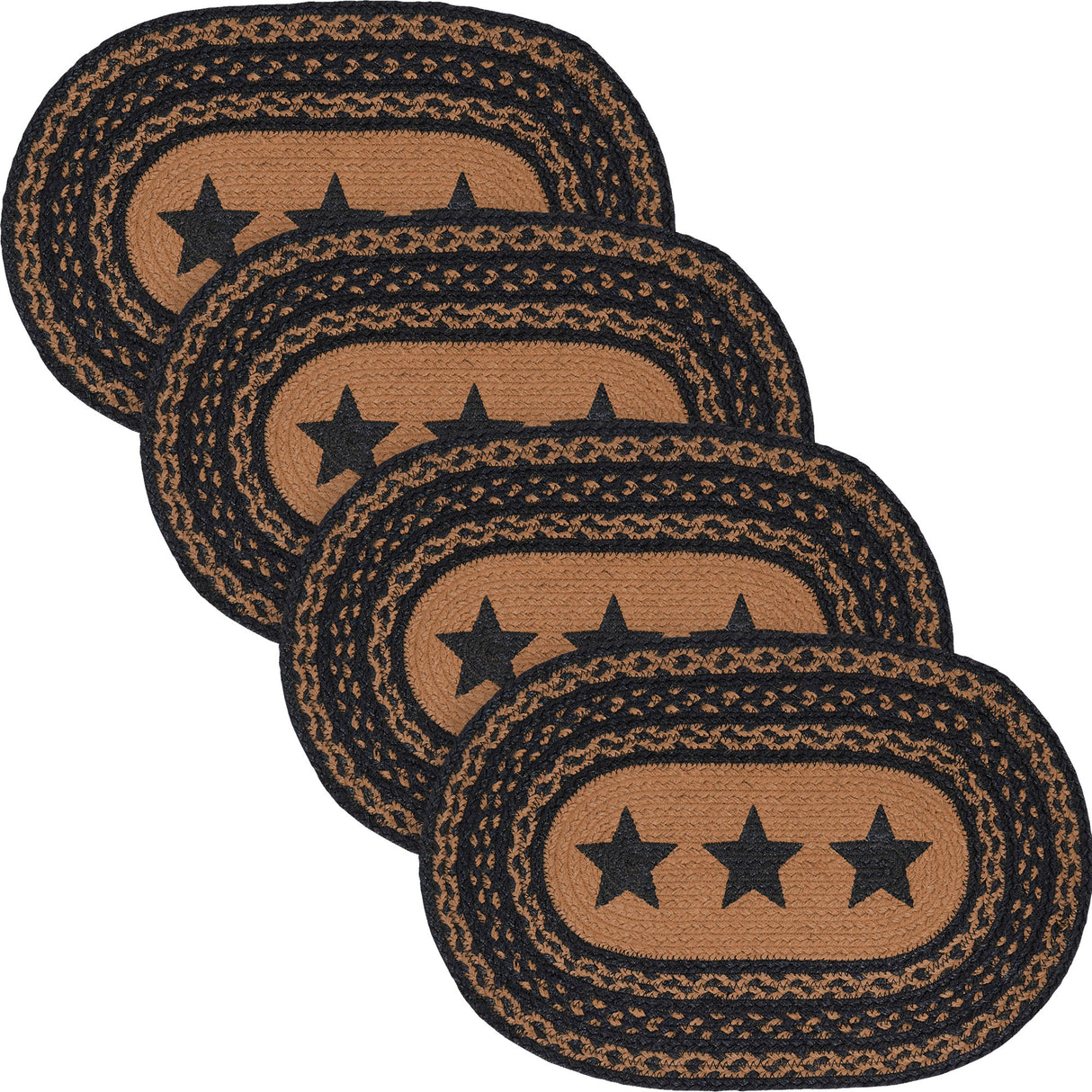 Farmhouse Star Dining Table Placemat, Braided Jute, Oval, Black Tan, 10x15, 4 Pack 4 Pack