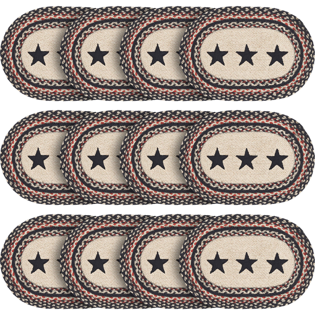 Primitive Colonial Star Table Placemat, Tan Black Red, Jute Blend, Oval, 10x15 Inches, 12 Pack 12 Pack