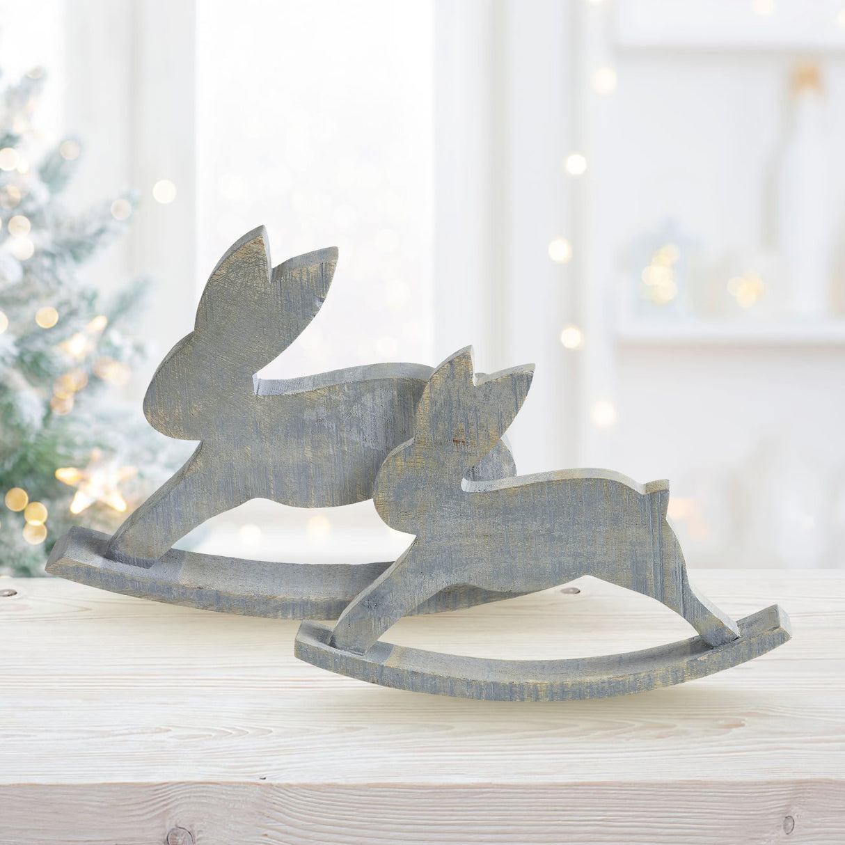 VHC Brands Bunny Hop 2PC Bunny Hop Wooden Mini Bunny Rocking Horse ,Small and Large