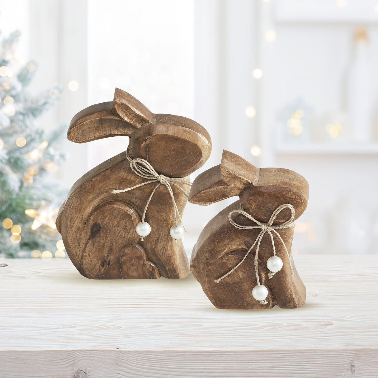 VHC Brands Bunny Hop 2PC Bunny Hop Wooden Sitting Bunny Natural w/ Pearl Bead ,Small and Large