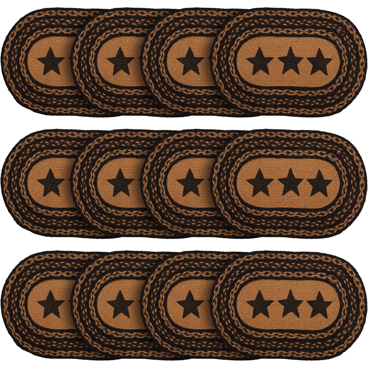 Farmhouse Primitive Jute Black Textured Kitchen Placemat Stencil Stars Set of 6 12"x18", 12 Pack