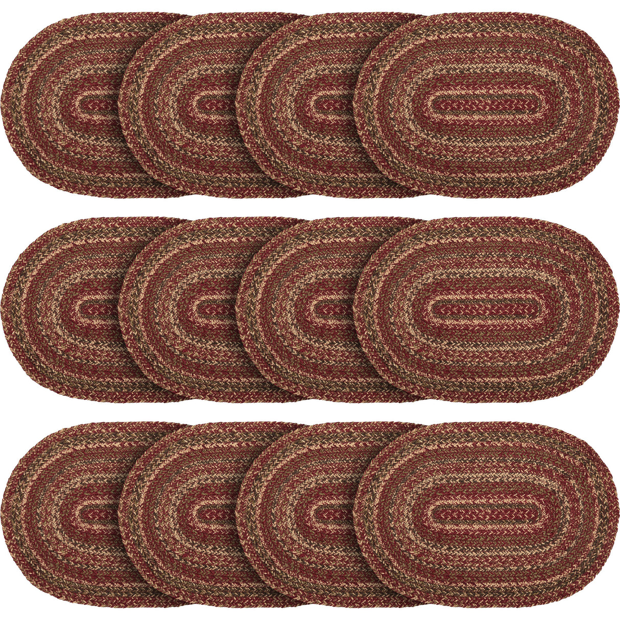 Cider Mill Primitive Jute Red Textured Striped Oval Kitchen Placemat Set of 6 12"x18", 12 Pack