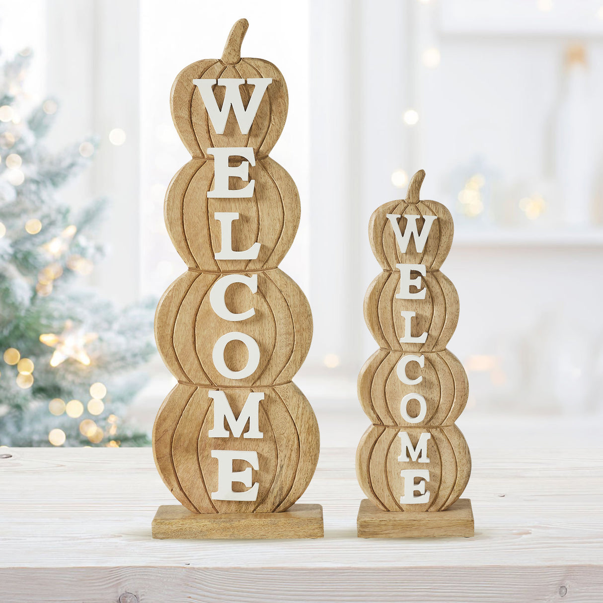 VHC Brands Pumpkin Bounty 2PC Tropical Wood Pumpkin Stack Welcome Wooden Sign ,Small and Large