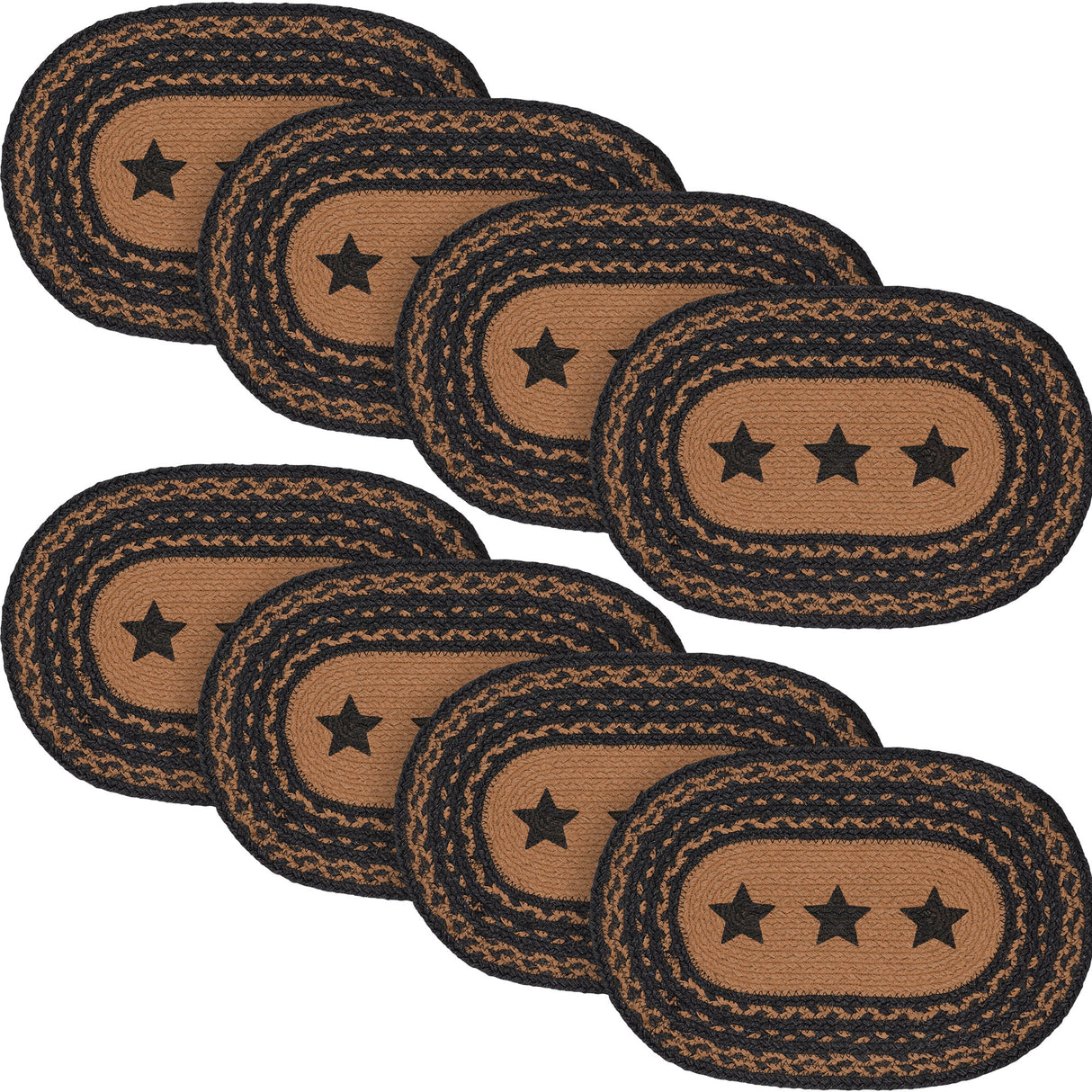 Farmhouse Star Dining Table Placemat, Braided Jute, Oval, Black Tan, 12x18, 8 Pack 8 Pack
