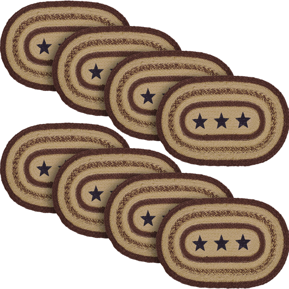 Potomac, Dining Table Placemat, Braided Jute, Oval, Stars, Red Blue Tan, 10x15, 8 Pack 8 Pack