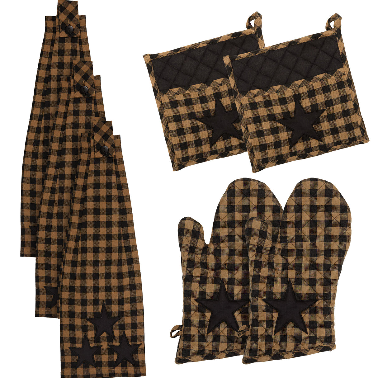 VHC Brands Black Star 6PC Set 2 Oven Mitts 2 Pot Holders and 2 Tea Towels