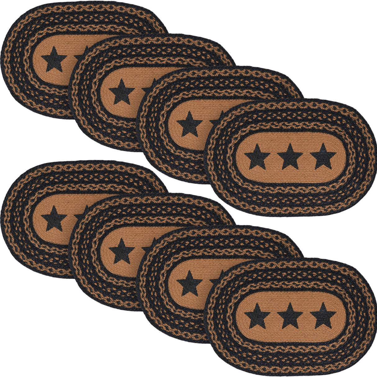 Farmhouse Star Dining Table Placemat, Braided Jute, Oval, Black Tan, 10x15, 8 Pack 8 Pack