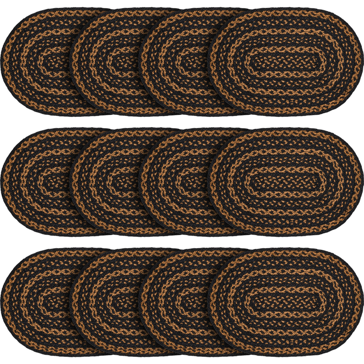 Black & Tan Dining Table Placemat, Braided Jute, Oval, Black, 12x18, 12 Pack 12 Pack