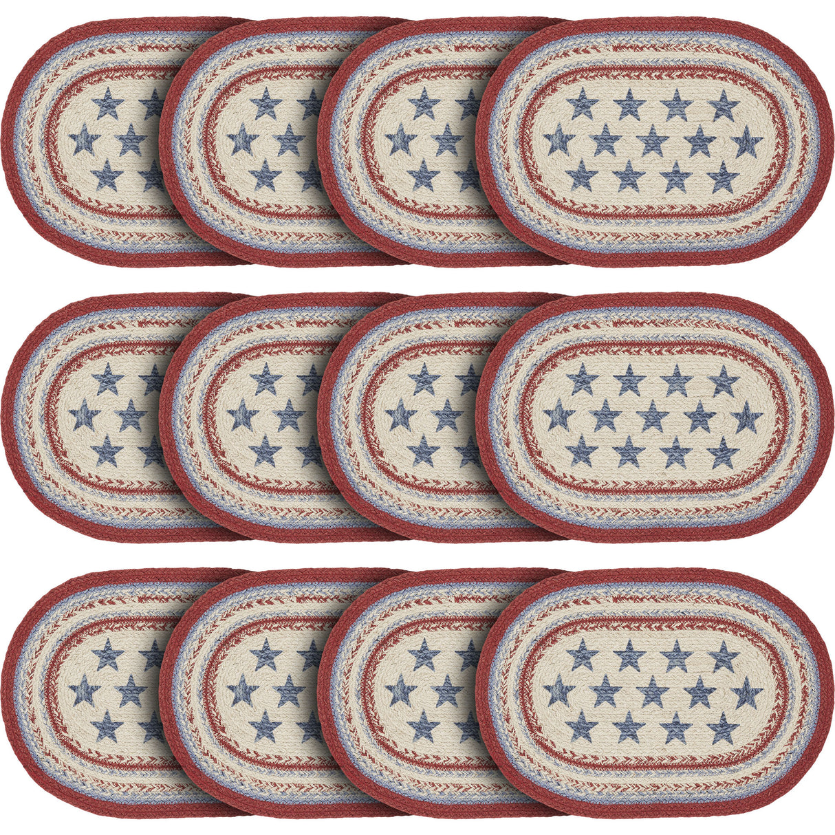 Celebration Dining Table Placemat, Braided Jute, Oval, Red Creme Blue, 12x18, 12 Pack 12 Pack