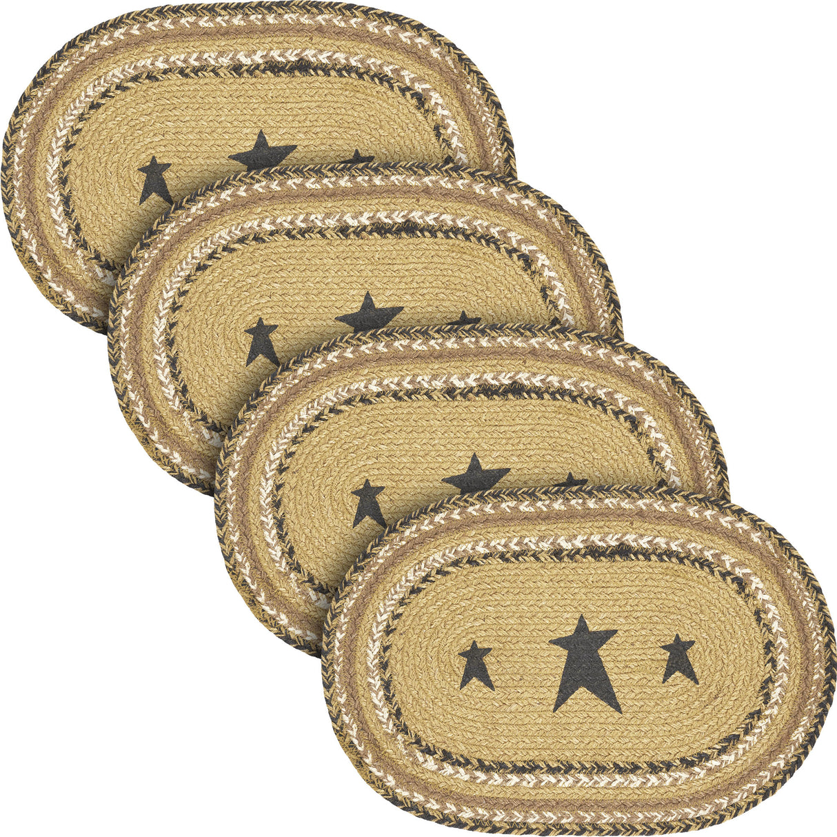 Kettle Grove, Dining Table Placemat, Braided Jute, Stars, Oval, Tan & Black, 10x15, 4 Pack 4 Pack