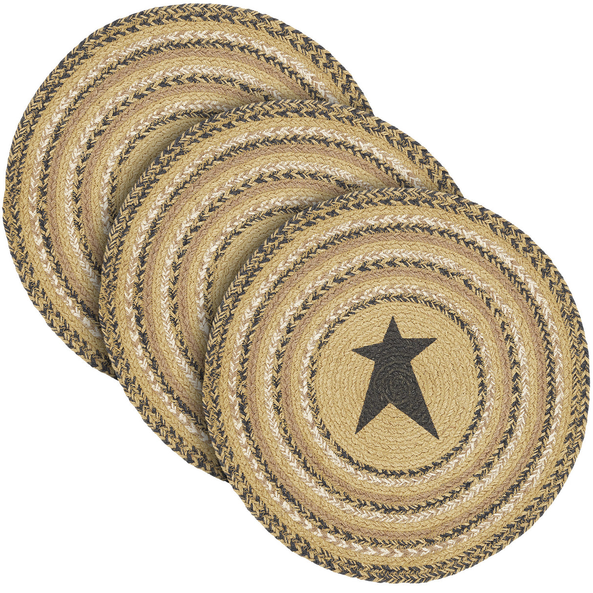 Kettle Grove, Braided Jute Mat Trivet Placemat, Star, Round, Black Tan, 15 inch, Set of 3