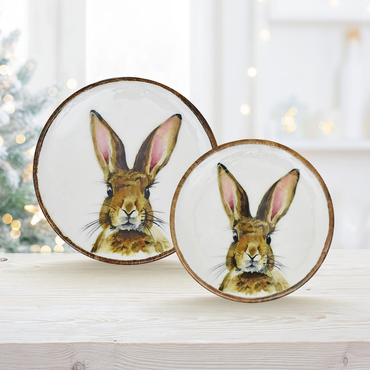VHC Brands Bunny Hop 2PC Bunny Hop Wooden Plate White w/ Bunny ,Small and Large