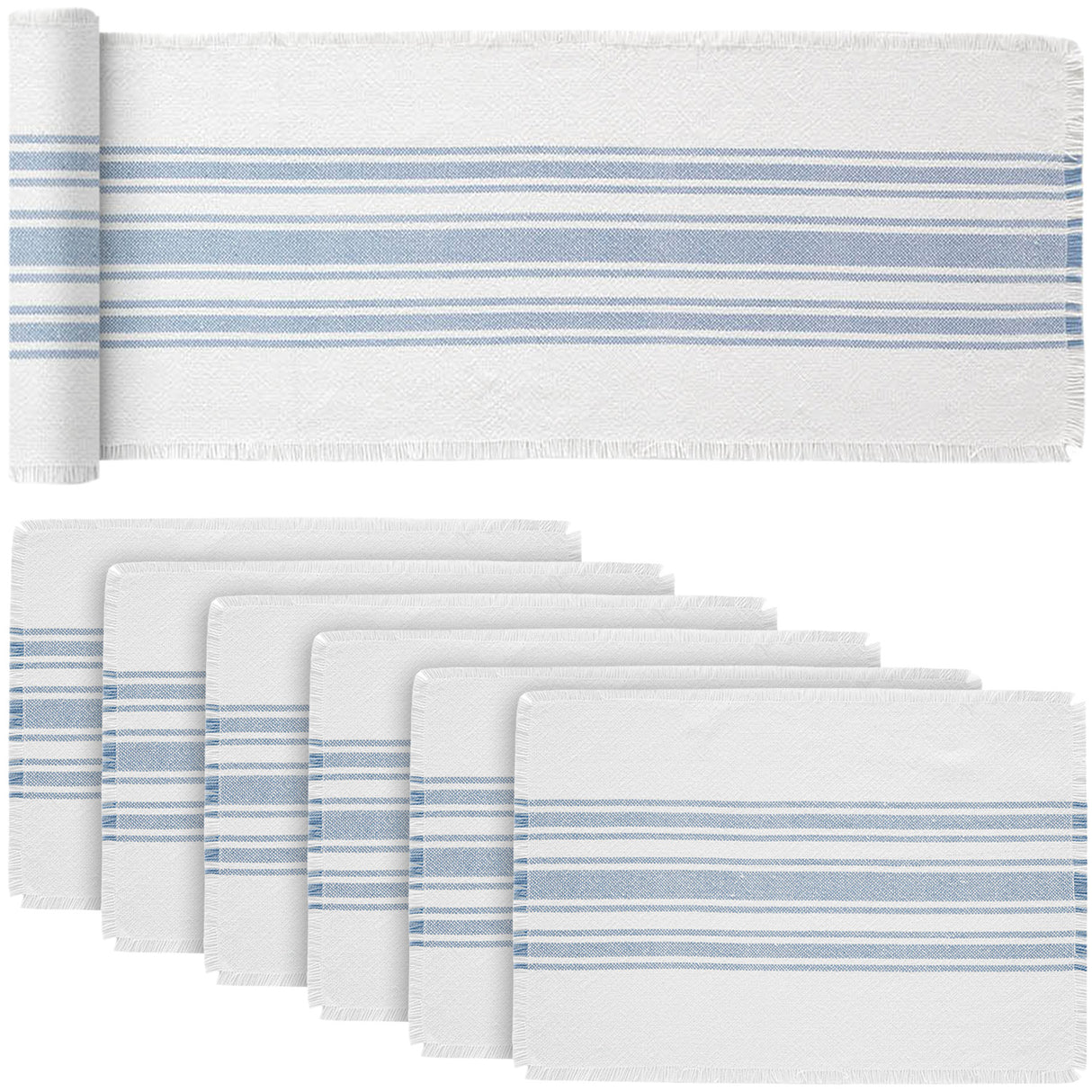 Antique White Stripe Dusk Blue 12x72 Table Runner & 6 pc 13x19 Placemat Set