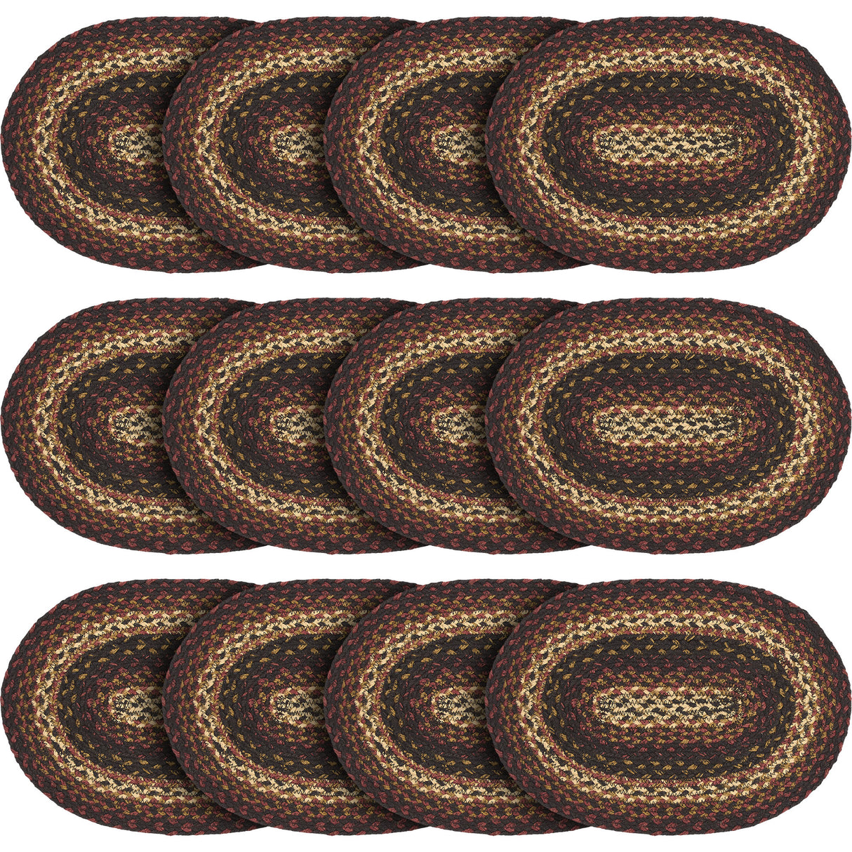 Country Beckham Placemat, Red Black Tan, Jute Blend, Oval, 10x15 Inches, 12 Pack 12 Pack