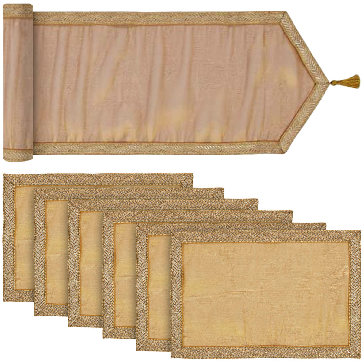 Tinsel Gold 13x72 Table Runner & 6 pc 12x18 Placemat Set