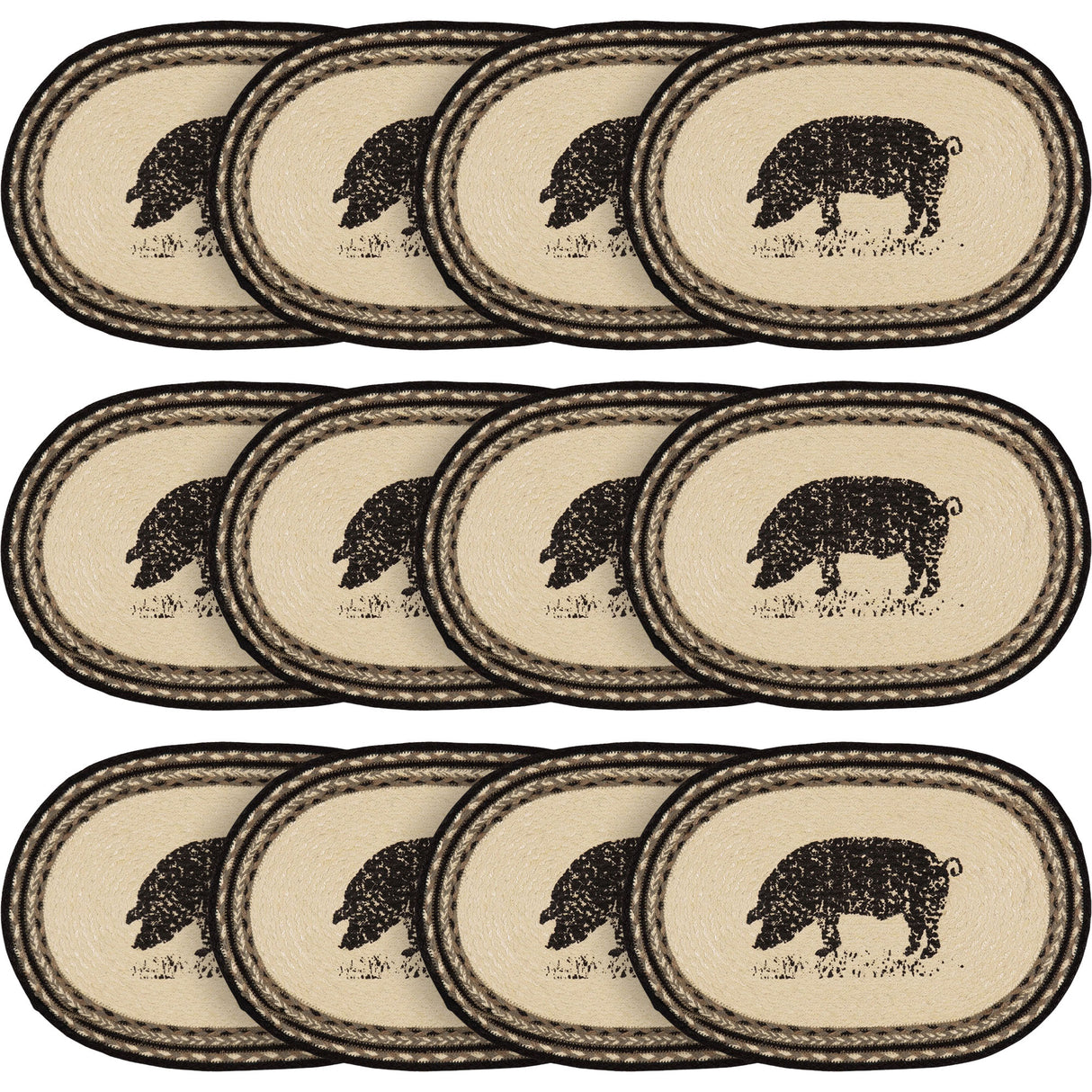 Placemats Sawyer Mill Charcoal Jute Farmhouse 12x18 Set of 6 Oval Pig, 12 Pack