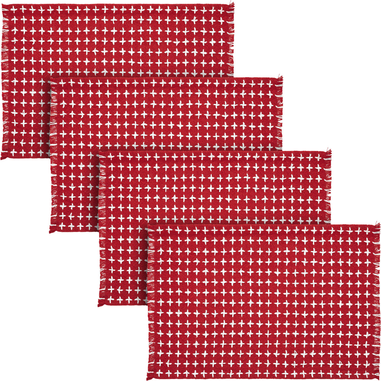 Gallen Red White Placemat Set of 2 Fringed 13x19, 4 Pack