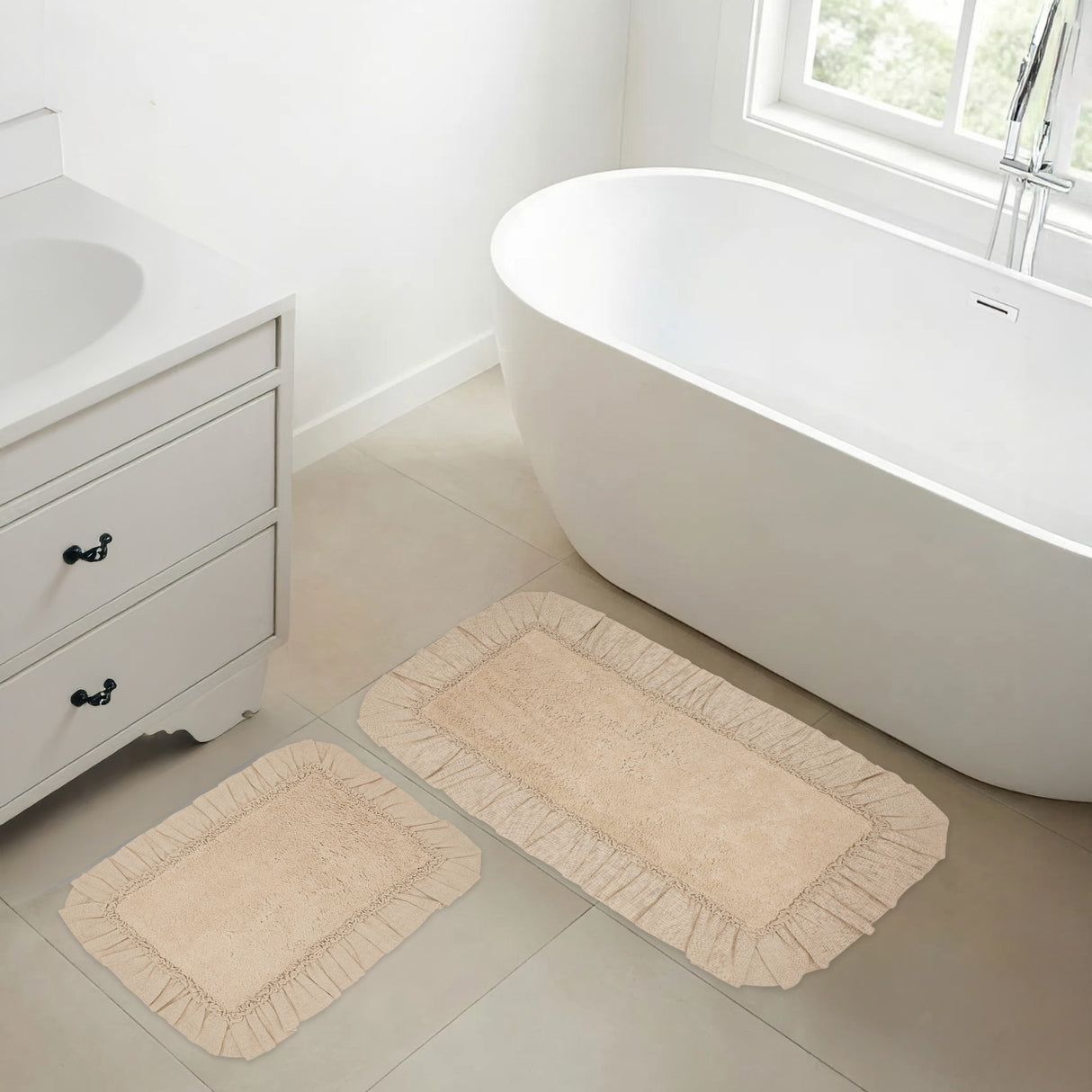 VHC Brands Burlap Vintagew Tan 2pc Bathhmat Set, 20x30 and 27x48