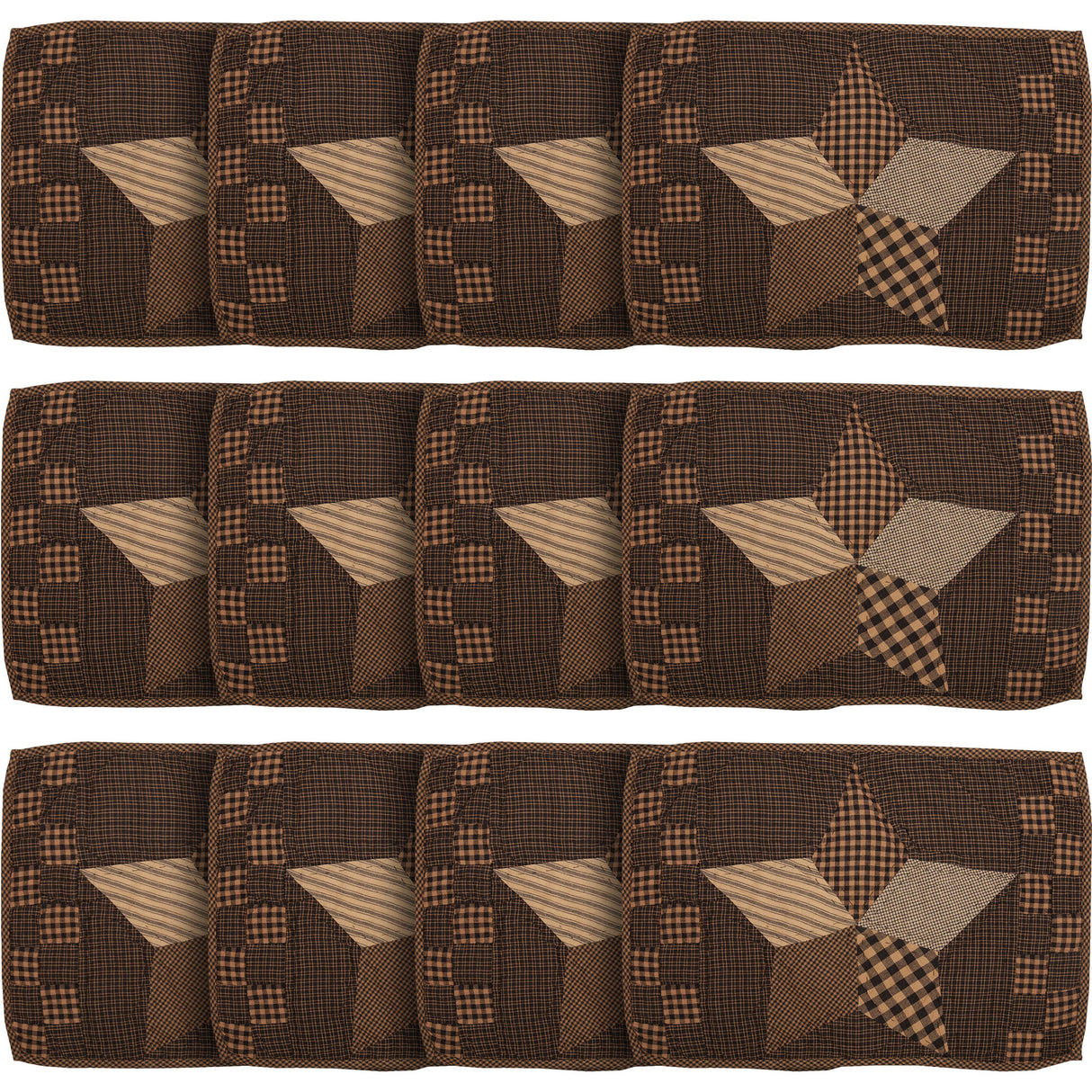 Farmhouse Star Cotton Primitive Tabletop Kitchen Hand Quilted Patchwork Placemat Set of 6, 12" x 18", Ebony Black, 12 Pack