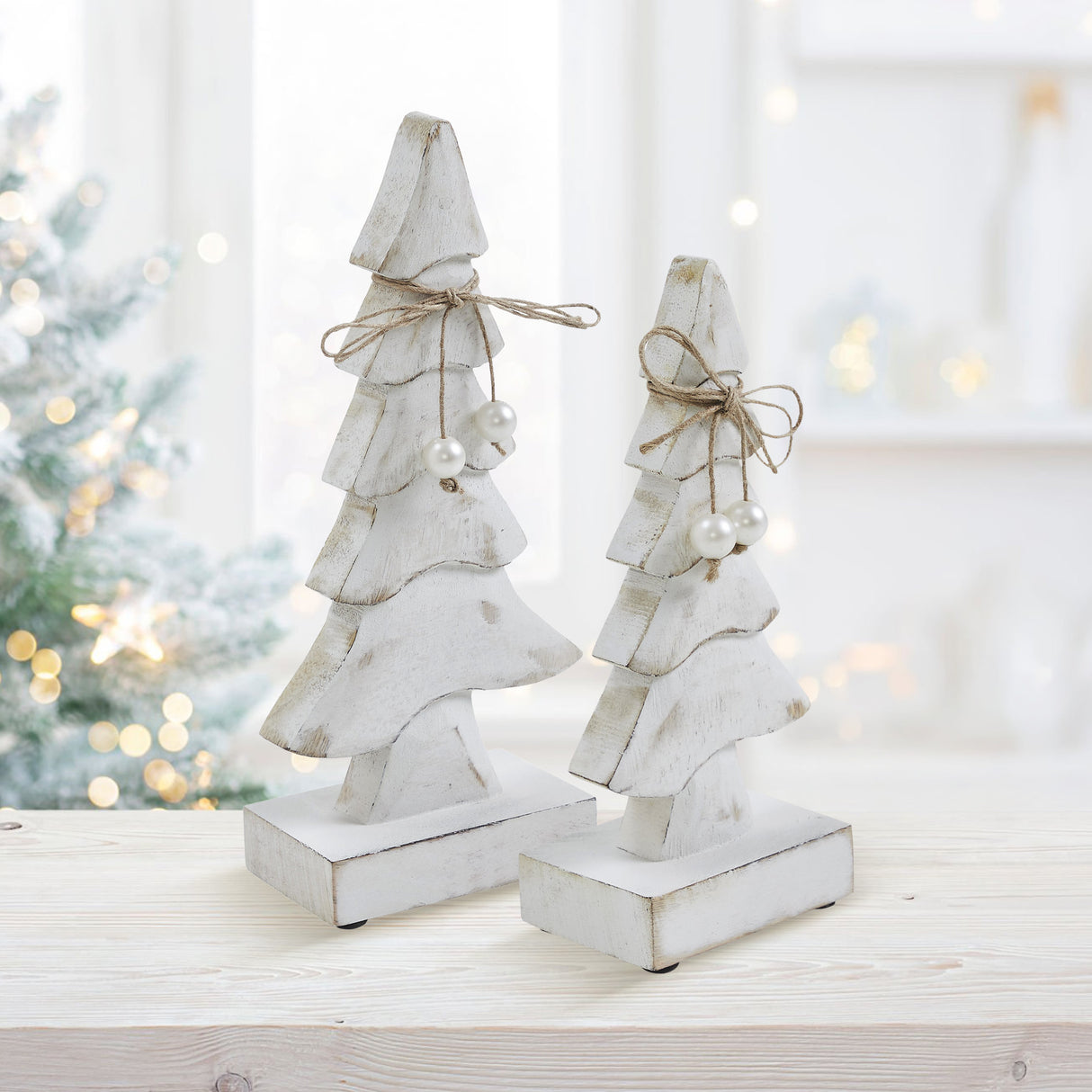 VHC Brands 2PC Pretty in Pearl Distressed White Wooden Tree ,Small and Large