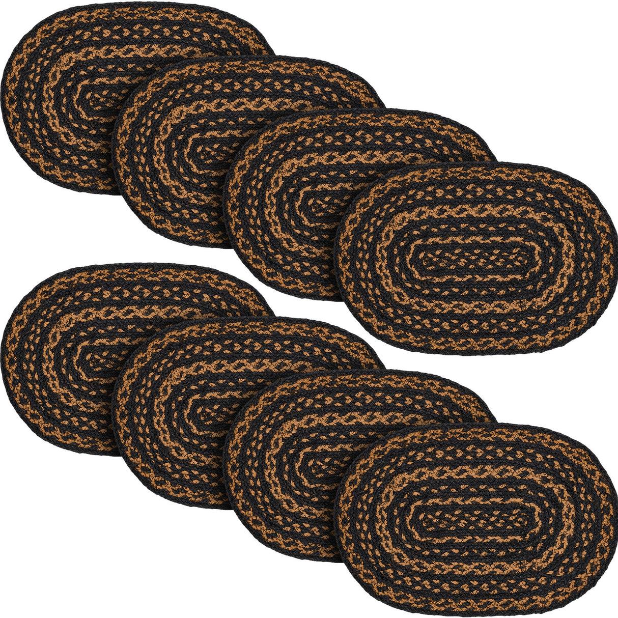 Black & Tan Dining Table Placemat, Braided Jute, Oval, Black, 10x15, 8 Pack 8 Pack