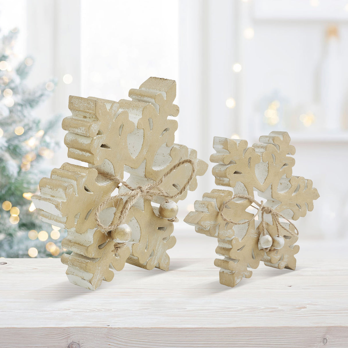 VHC Brands 2PC Yuletide Glow Brushed Gold Wooden Snowflake ,Small and Large