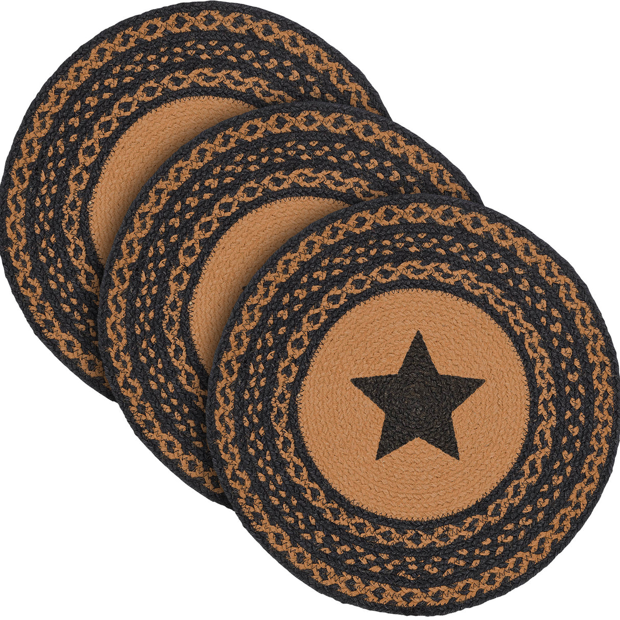 Farmhouse Star, Braided Jute Mat Trivet Placemat, Round, Black Tan, 15 inch, Set of 3