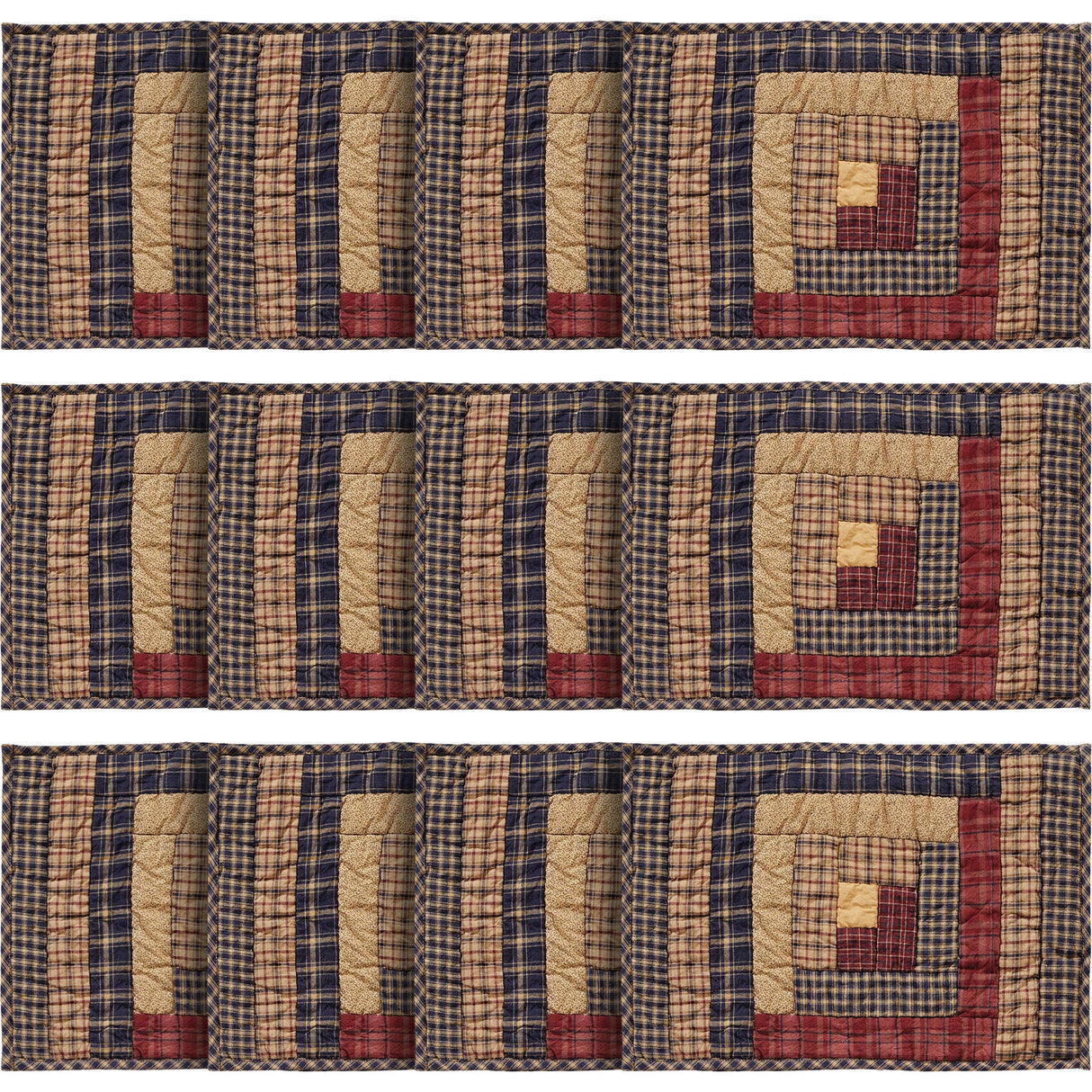 VHC Brands, Millsboro, Cotton, 12x18, Log Cabin, Block Quilted, Placemat Set of 6, Blue, 12 Pack