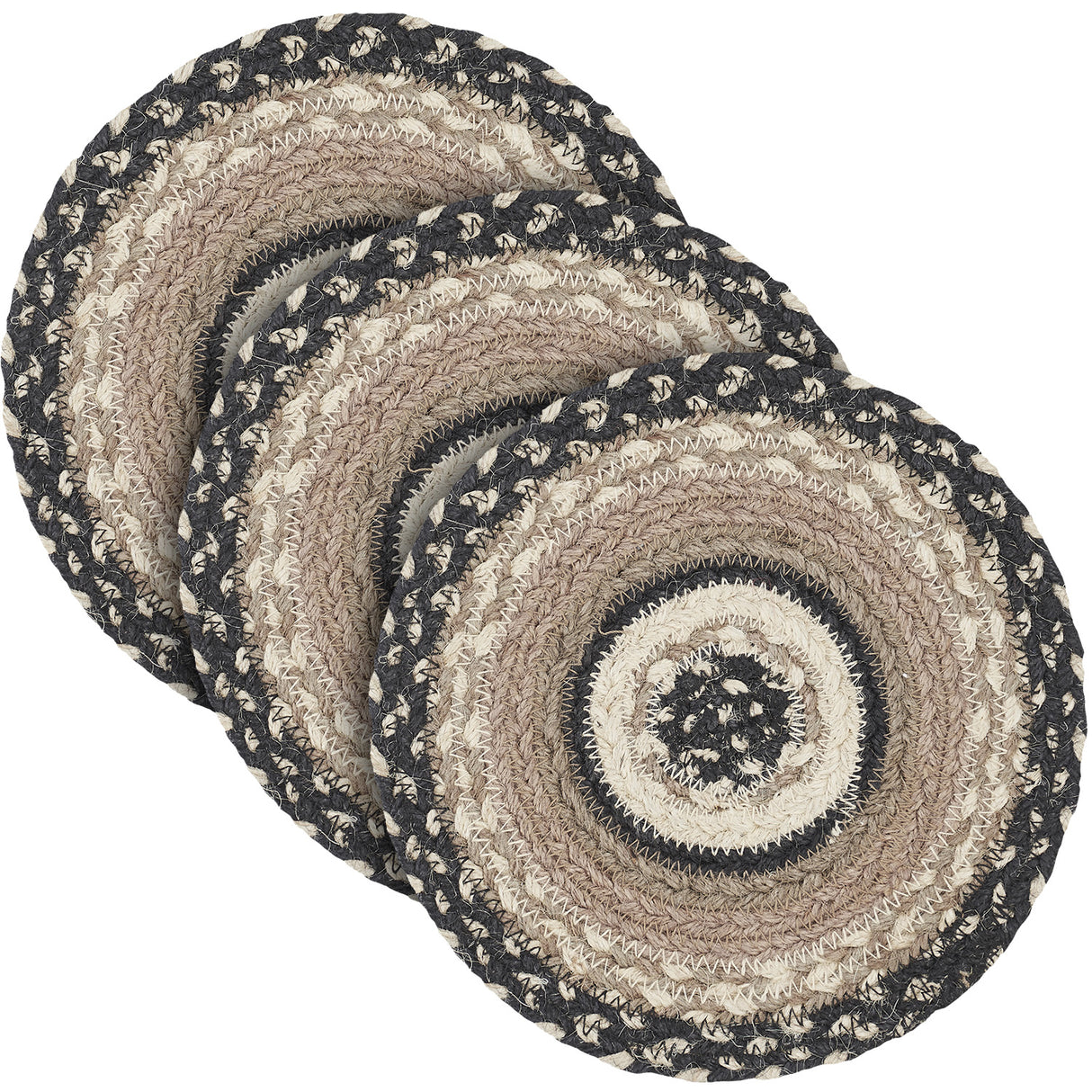 Sawyer Mill, Braided Jute Mat Trivet Placemat, Round, Charcoal Creme, 8 inch, Set of 3