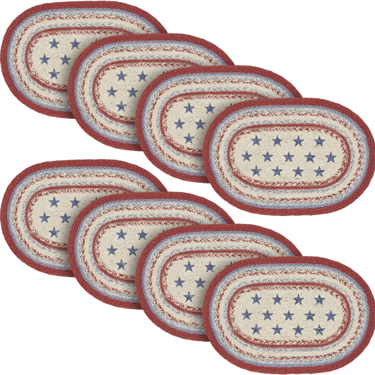 Celebration Dining Table Placemat, Braided Jute, Oval, Red Creme Blue, 10x15, 8 Pack 8 Pack