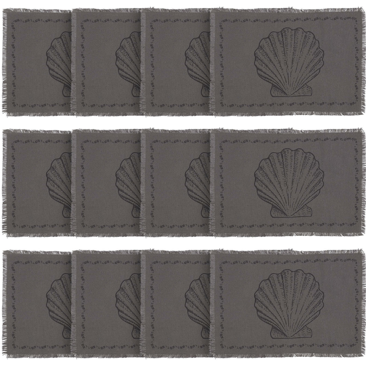 Sandy Burlap Seashells Nautical Cotton Coastal Tabletop Kitchen Stenciled Placemat Set of 6, Set 12x18, Grey, 12 Pack