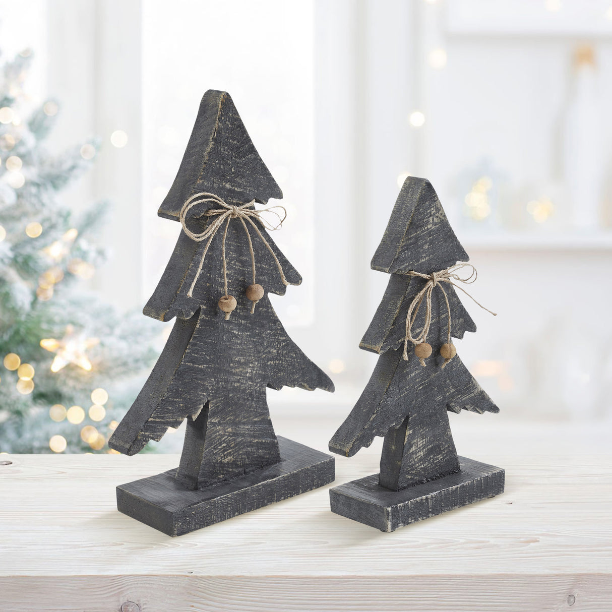 VHC Brands 2PC Three-Tiered Pine Distressed Dark Grey Wooden Tree ,Small and Large