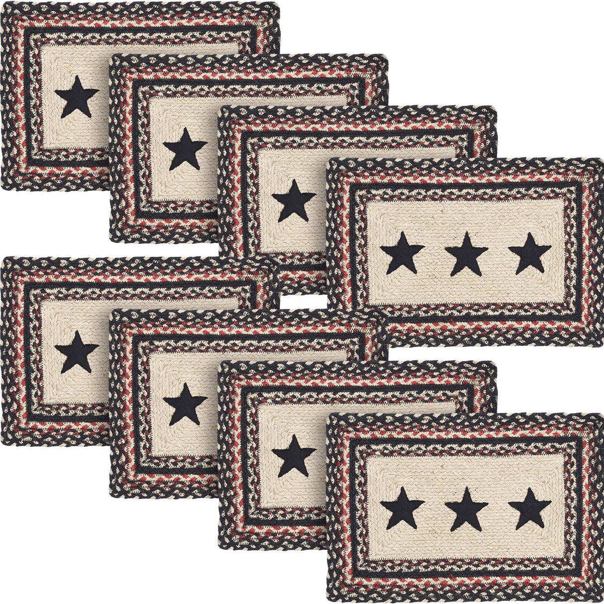 Primitive Colonial Star Table Placemat, Tan Black Red, Jute Blend, Rectangle, 10x15 Inches, 8 Pack 8 Pack