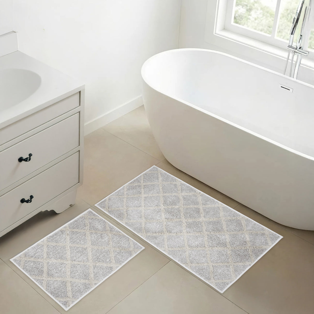 VHC Brands Frayed Lattice Oatmeal Tan 2pc Bathhmat Set, 20x30 and 27x48