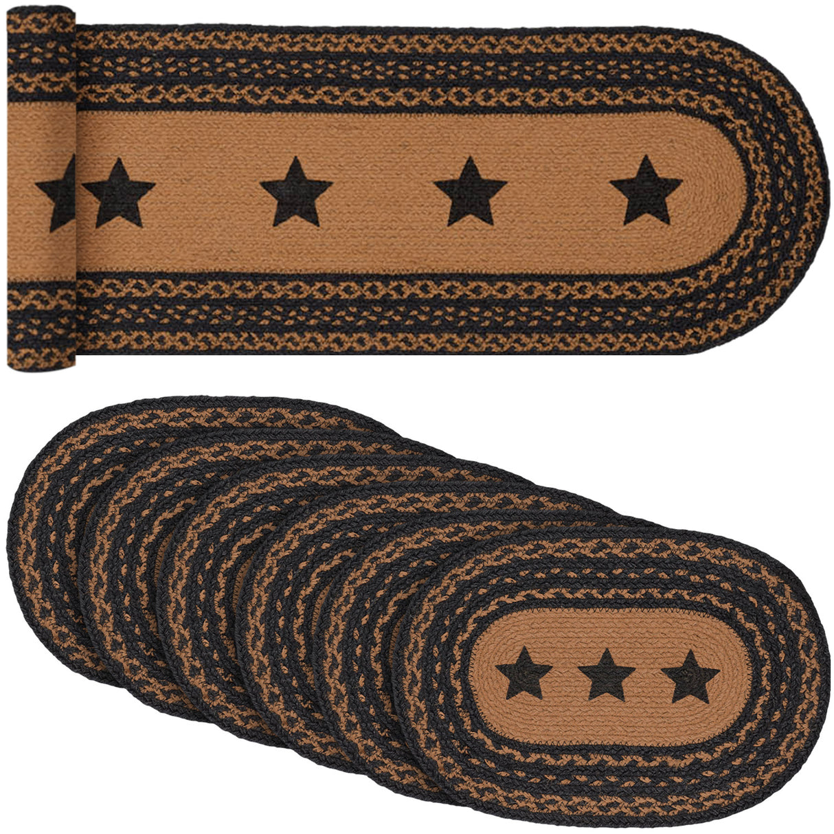 Farmhouse Star Country Black 13x72 Table Runner & 6 pc 12x18 Placemat Set