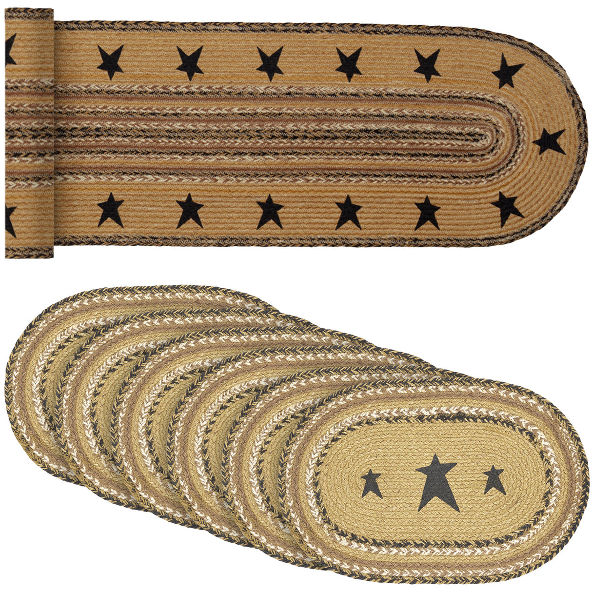 Kettle Grove Star Jute Natural 13x72 Table Runner & 6 pc 10x15 Placemat Set