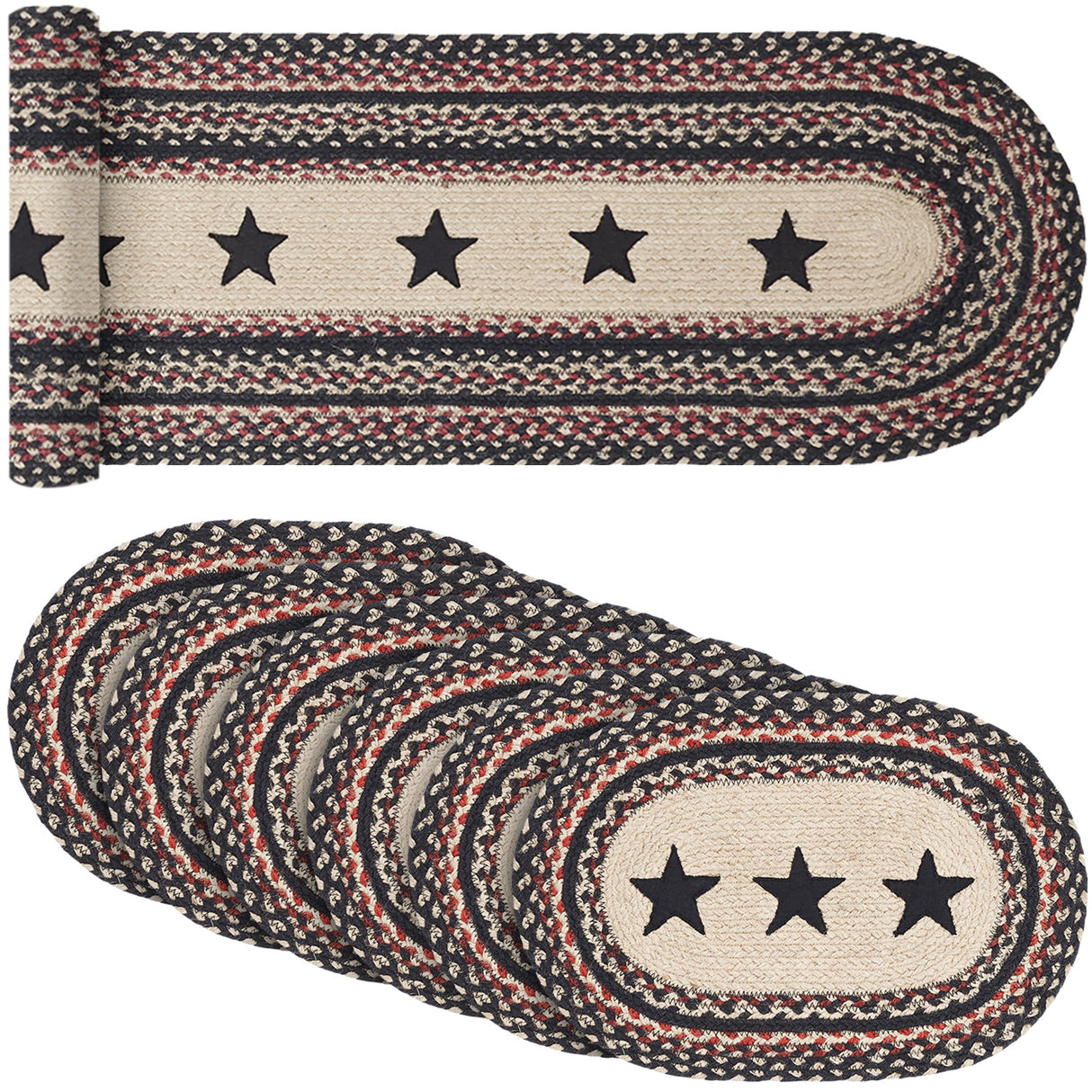 Colonial Star Country Black 13x72 Table Runner & 6 pc 10x15 Oval Placemat Set