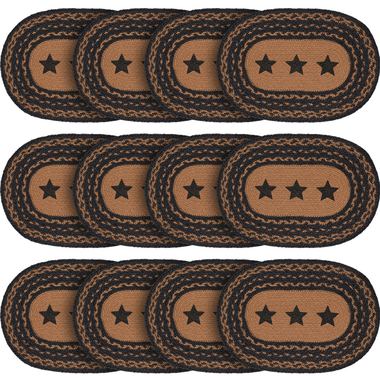 Farmhouse Star Dining Table Placemat, Braided Jute, Oval, Black Tan, 12x18, 12 Pack 12 Pack