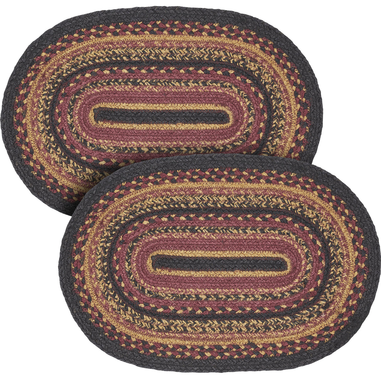Heritage Farms Dining Table Placemat, Braided Jute, Oval, Red Black Tan. 12x18, 2 Pack