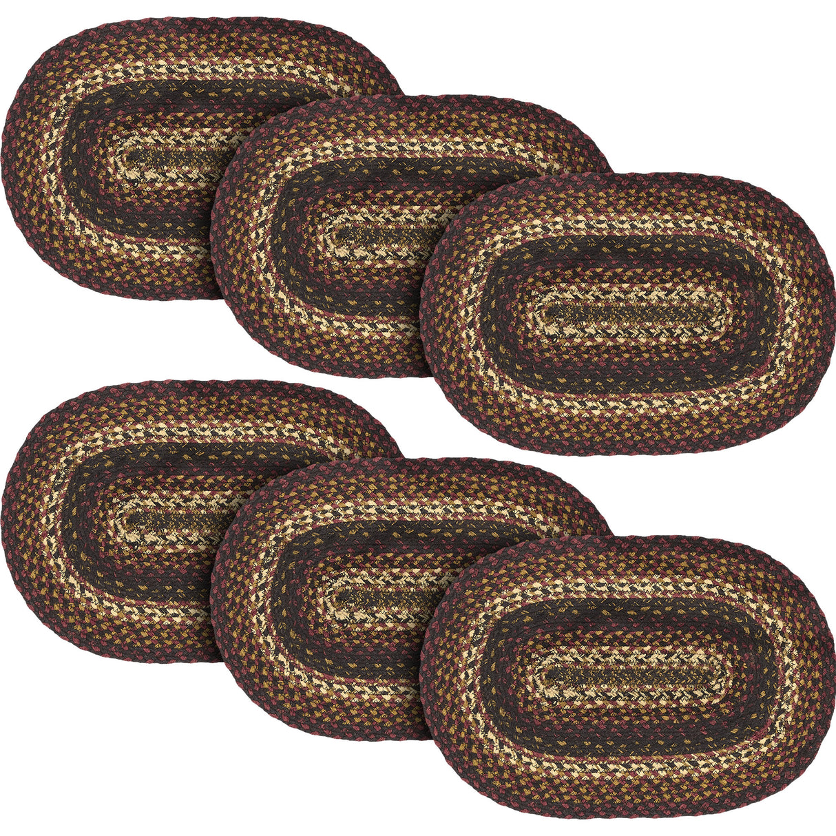 Country Beckham Table Placemat, Red Black Tan, Jute Blend, Oval, 12x18 Inches, 6 Pack 6 Pack